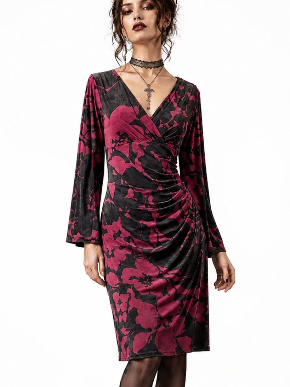 Ralph Lauren Moody Floral Dress Large 10 Black Red Dark Romance Vamp Whimsigoth - Picture 1 of 9
